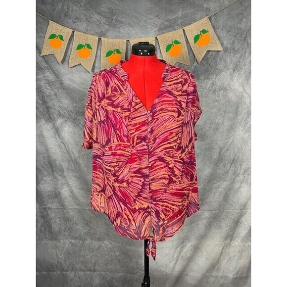 Ana A New Approach Blouse Women's XL Floral Sheer Lightweight V-Neck Tie - Picture 1 of 8